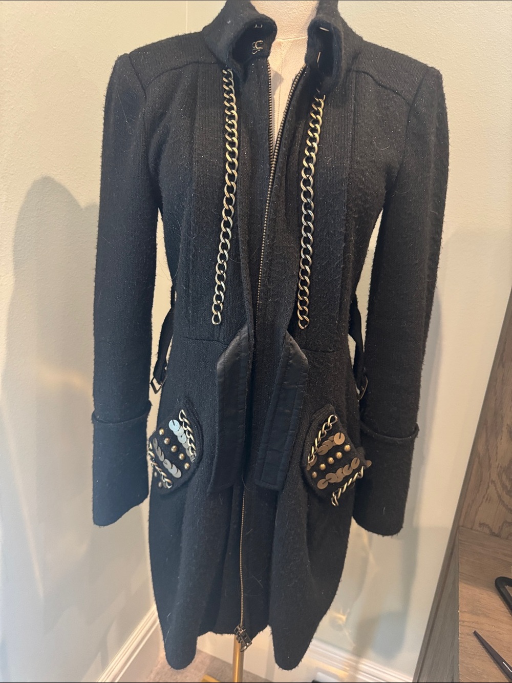 Nanette Lepore Black Chain-Accent Trench Coat